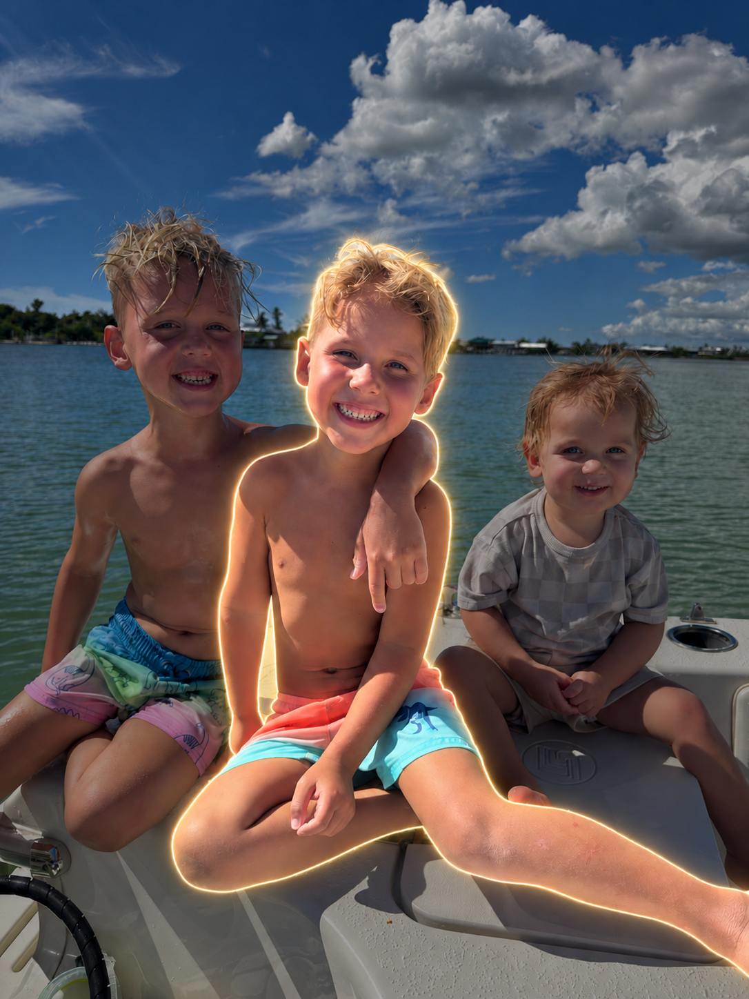 Charlie smiling with his brothers on a boat, with a light outline highlighting Charlie in the middle
