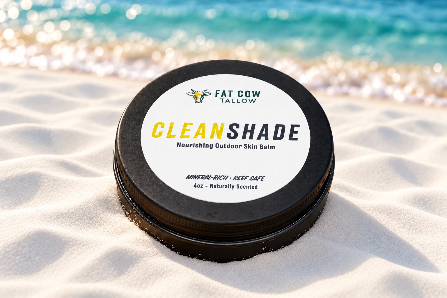 CleanShade Sun Balm jar on powdery white sand beside turquoise water